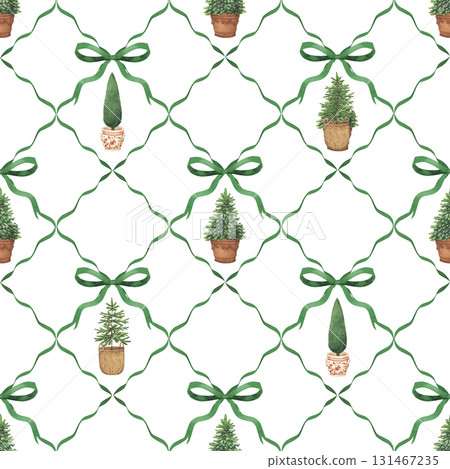 Christmas watercolor seamless pattern with holidays trees, green ribbons. Hand drawn New Year illustrations decoration Christmas watercolor seamless pattern with holidays trees, green ribbons. Hand drawn New Year illustrations decoration 131467235