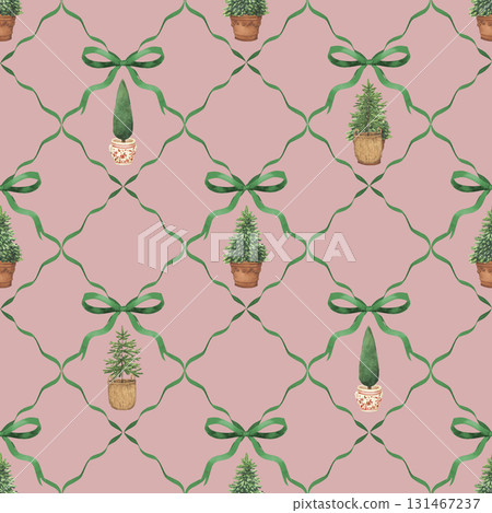 Christmas watercolor seamless pattern with holidays trees, red ribbons. Hand drawn New Year illustrations decoration Christmas watercolor seamless pattern with holidays trees, red ribbons. Hand drawn New Year illustrations decoration 131467237