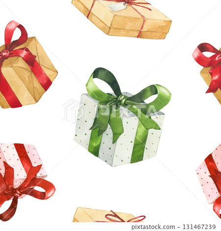 Christmas presents watercolor seamless pattern. Boxes with red and green ribbons hand drawn illustrations Christmas presents watercolor seamless pattern. Boxes with red and green ribbons hand drawn illustrations 131467239