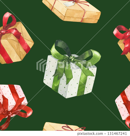 Christmas presents watercolor seamless pattern on green background. Boxes with red and green ribbons hand drawn illustrations Christmas presents watercolor seamless pattern on green background. Boxes with red and green ribbons hand drawn illustrations 131467241
