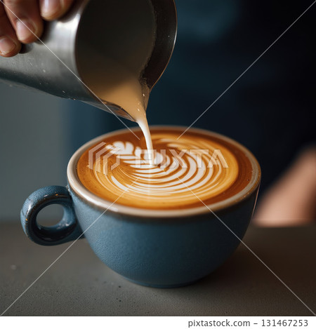 Barista skillfully pours latte art into a cup at a cozy cafe during the morning rush 131467253