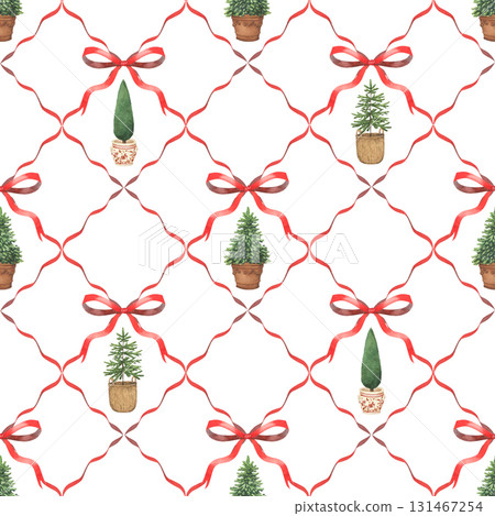 Christmas watercolor seamless pattern with holidays trees, red ribbons. Hand drawn New Year illustrations decoration 131467254