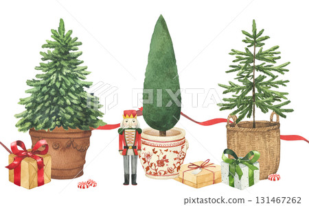 Christmas seamless watercolor border. Hand drawn illustration xmas trees presents and red ribbons. Decor for invitations, greeting cards, packaging Christmas seamless watercolor border. Hand drawn illustration xmas trees presents and red ribbons. Decor for invitations, greeting cards, packaging 131467262