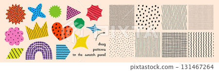 Pattern vector collection with colorful abstract shapes like stars, hearts, flowers, crowns, rainbows, and arrows. Pattern vector set with crayon texture. Great for wrapping, stationery. 131467264