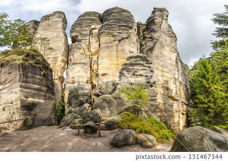 Adrspach-Teplice Rocks, sandstone formations in Hradec Kralove Region in Czech Republic, Europe. Scenic rock formations display nature's artwork, with layered details and textures adding character. 131467344
