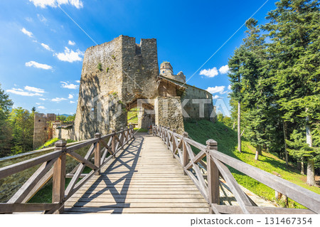 Zborov Castle near Bardejov town in North-Eastern Slovakia, Europe. Historic stone castle, with a wooden bridge leading to its entrance, set against a backdrop of trees and a clear blue sky. Zborov Castle near Bardejov town in North-Eastern Slovakia, Europe. Historic stone castle, with a wooden bridge leading to its entrance, set against a backdrop of trees and a clear blue sky. 131467354