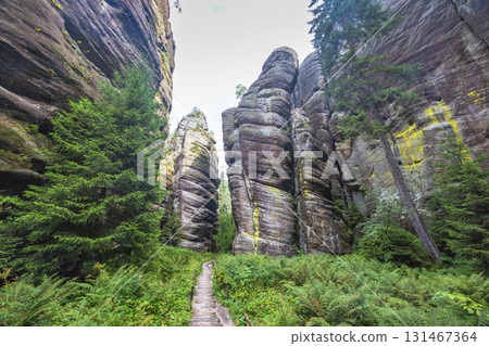 Adrspach-Teplice Rocks, sandstone formations in Hradec Kralove Region in the Czech Republic, Europe. Stone stairway leads through towering rock formations, lush foliage, and towering evergreen trees. Adrspach-Teplice Rocks, sandstone formations in Hradec Kralove Region in the Czech Republic, Europe. Stone stairway leads through towering rock formations, lush foliage, and towering evergreen trees. 131467364