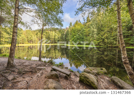 Landscape of Adrspach-Teplice Rocks area, in Hradec Kralove Region in the Czech Republic, Europe. The Black Pond, scenic lake reflecting trees and sky, surrounded by a lush green forest. 131467366