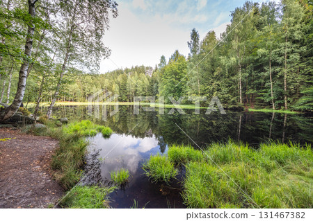 Landscape of Adrspach-Teplice Rocks area, in Hradec Kralove Region in Czech Republic, Europe. The Black Pond, serene forest lake reflecting trees and sky, lush greenery on banks offers natural beauty. 131467382