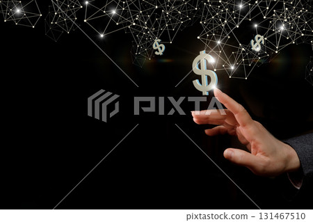 Hands reaching for shining dollar signs in dark space. Hands reaching for shining dollar signs in dark space. 131467510