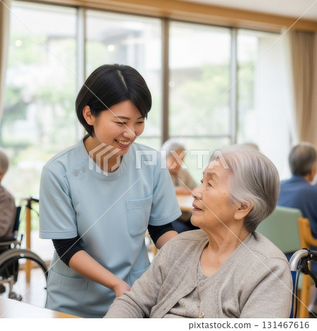 Japanese female caregivers caring for the elderly 131467616