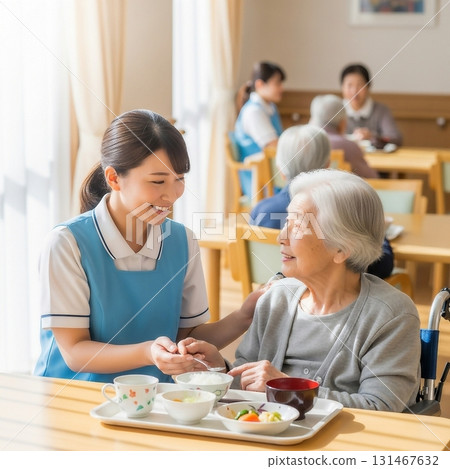 Japanese female caregivers caring for the elderly 131467632