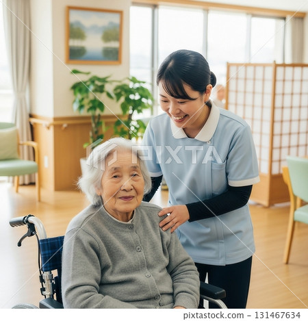 Japanese female caregivers caring for the elderly 131467634