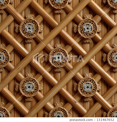 Intricate bamboo lattice design with circular medallions, showcasing traditional Thai craftsmanship. pattern features woven X lattice with decorative elements, creating textured and elegant 131467652
