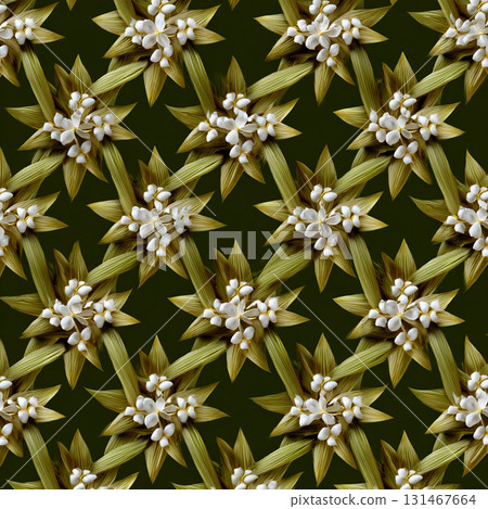 Intricate Thai style pattern featuring interlaced coconut frond stars with delicate white flowers on dark background, showcasing traditional craftsmanship 131467664
