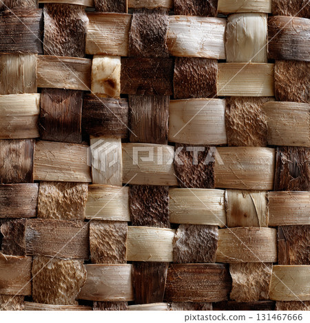 Woven coconut frond texture with natural, rustic appearance, showcasing mix of brown and beige tones. intricate pattern highlights traditional craftsmanship and organic materials 131467666