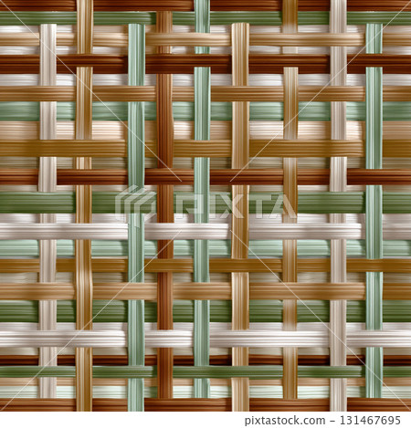 Woven pattern featuring triadic color palette of sage, terracotta, and beige, creating textured and intricate design. interlacing strands form harmonious and balanced composition 131467695