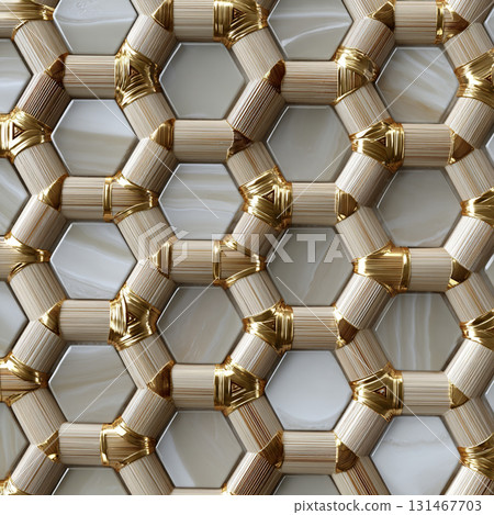 Detailed hexagonal pattern with luxurious gold and beige color scheme, featuring woven texture and glossy finish, creating elegant and sophisticated design 131467703