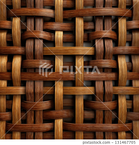 Close up of intricate woven pattern featuring interlaced brown and tan fibers, creating textured and natural appearance. design showcases traditional style with modern twist 131467705