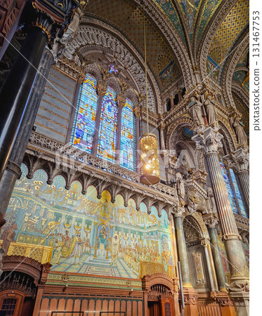 Lyon, France - February 13, 2024 the opulent interior of Notre Dame de Fourviere french basilica. Indoors view Neo-Byzantine architecture style features highly detailed mosaics decorated with gold 131467753
