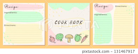 Cook book template card set with vegetable icons, light beige vector recipe pages for healthy food. Three cards in yellow, pink, green colors. Square blanks with recipe name, ingredients, directions 131467917
