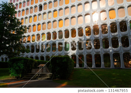 Facade of prefabricated modular concrete on the functionalist office CBR Building, Watermael-Boitsfort, Bussels, Belgium 131467955