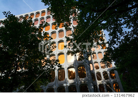 Facade of prefabricated modular concrete on the functionalist office CBR Building, Watermael-Boitsfort, Bussels, Belgium 131467962