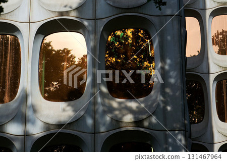 Facade of prefabricated modular concrete on the functionalist office CBR Building, Watermael-Boitsfort, Bussels, Belgium 131467964