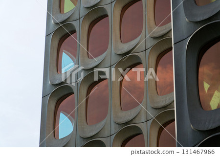 Facade of prefabricated modular concrete on the functionalist office CBR Building, Watermael-Boitsfort, Bussels, Belgium Facade of prefabricated modular concrete on the functionalist office CBR Building, Watermael-Boitsfort, Bussels, Belgium 131467966