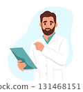 Male doctor with a notebook, medical documents, examination notes, test results, or prescription papers. Vector flat illustration isolated on white. 131468151
