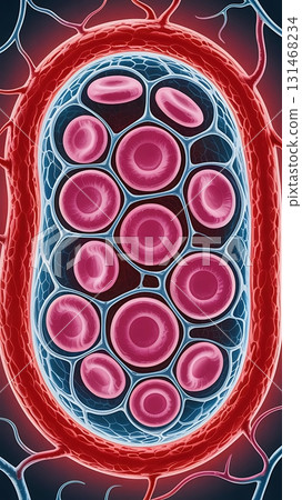 Stylized Red Blood Cells in Vessel Showing Circulatory Detail 131468234