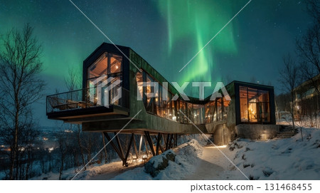 Northern lights above a modern cabin 131468455