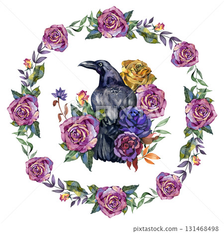 Watercolor raven siting on garden roses. Hand drawn artistic blackbird and floral bouquet. Isolated crow illustration 131468498