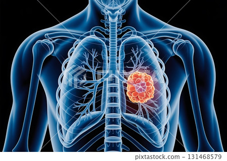 Anatomical illustration showing a tumor in the lung within the ribcage 131468579