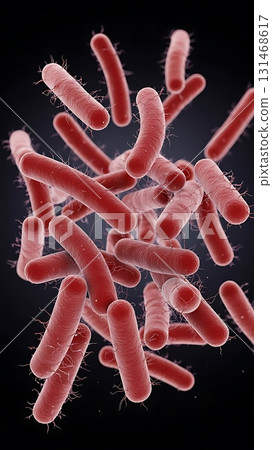 microscopic view of numerous rod shaped bacteria against a dark background 131468617
