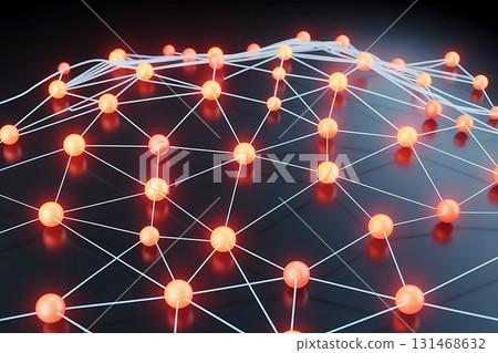 Neural Network with Orange-Red Nodes and White Pathways 131468632