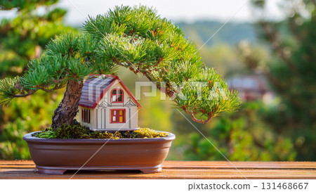 A pine bonsai tree with a small house 131468667