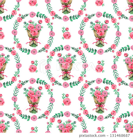 Seamless pattern with pink ranunculus flowers in vintage watercolor style 131468687