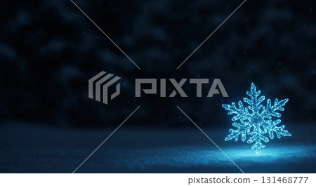 A glowing blue snowflake stands on a snowy surface in a dark, magical winter night, illuminated by its own light with subtle atmospheric particles. 131468777