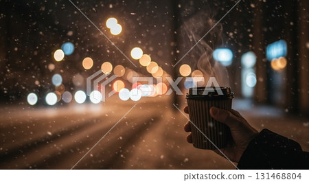 A person's hand holds a steaming disposable coffee cup in a snowy urban street at night, with blurry colorful city lights in the background. 131468804