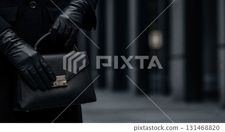 A person wearing elegant black leather gloves and a dark coat holds a stylish black leather handbag with a silver clasp against a blurred dark background. 131468820