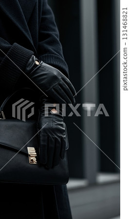 A close-up vertical shot shows a person wearing elegant black leather gloves and holding a matching black handbag with a gold clasp, set against a dark, blurred background. 131468821