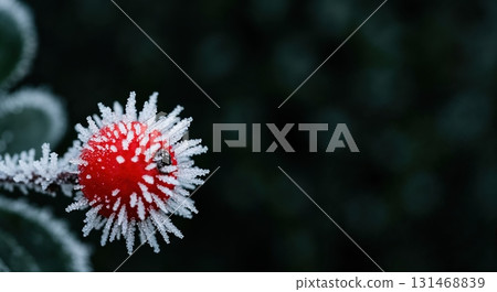 A hyperrealistic macro view of a single bright red berry covered in sharp white frost, featuring a small dark insect on its surface against a dark, blurred background. 131468839