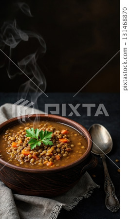 A steaming rustic bowl of hearty lentil soup, garnished with fresh parsley and diced carrots, served alongside an antique silver spoon on a dark textured surface with a linen cloth. 131468870