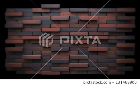 A textured brick wall with protruding bricks in shades of brown and gray 131468906