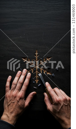 A person's hands meticulously carve a detailed snowflake pattern into a dark wooden surface using a sharp chisel, creating a warm, artisanal craft scene. 131469003