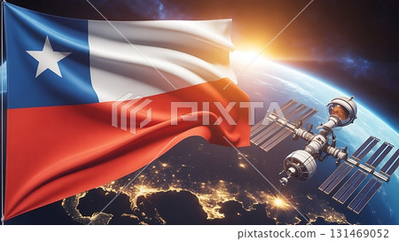 A chilean flag with a space station orbiting earth and a bright sun flare 131469052
