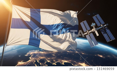 A waving finnish flag with a space station over earth in outer space view A waving finnish flag with a space station over earth in outer space view 131469059