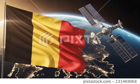 Belgium flag waving in space with international space station visible 131469068