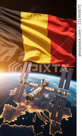 Belgium flag with international space station orbiting above earth view shot 131469075